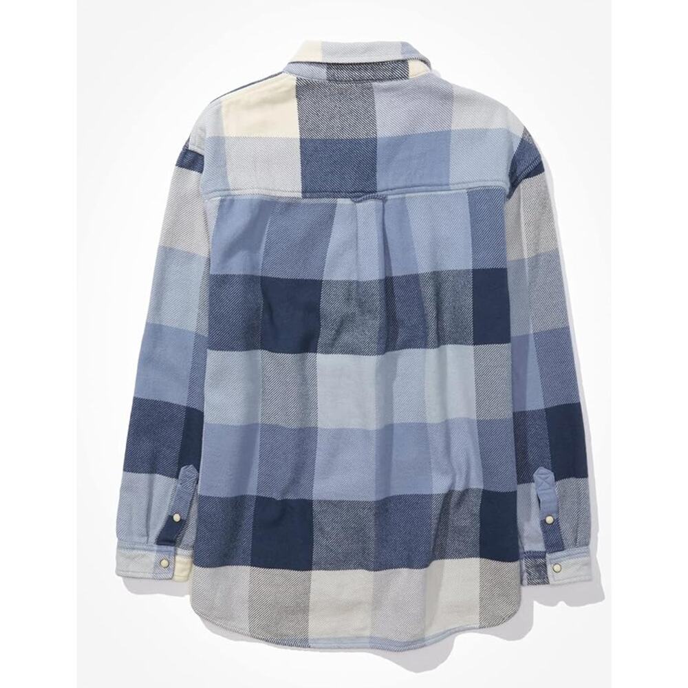 American Eagle Oversized Blue Plaid Flannel Shacket Shirt Snap Front Women Small - Picture 10 of 10